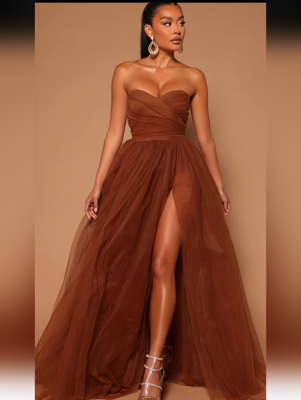 Strapless Tulle Ball Gown Dress in Olive Brown Sz S NWT